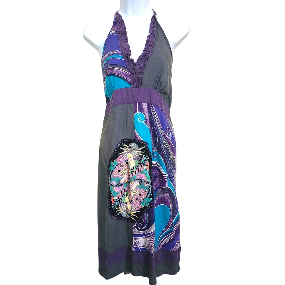 Boho Patchwork Halter Dress Geisha Graphic Empire Waist Y2K Festival Midi Polita